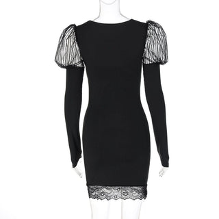 Long sleeve lace hem u neck solid mini dress