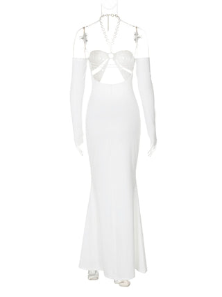 Off shoulder halter o ring hollow out metal chain cut out maxi dress