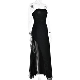 Slit ruched backless irregular tube maxi dress