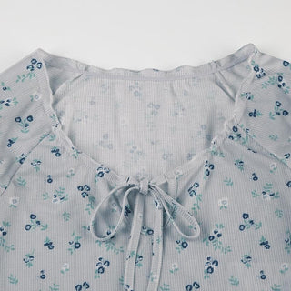 Short sleeve knotted ruffle ribbed print top