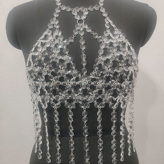 Halter o ring hollow out crystal tassels cut out top