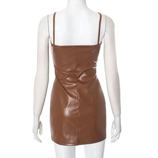 U neck PU leather zip-up backless solid mini dress