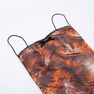 Slit leopard print bowknot lace hem cami midi dress