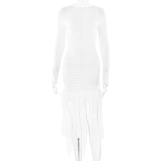 Long sleeve crewneck lace backless ruched midi dress