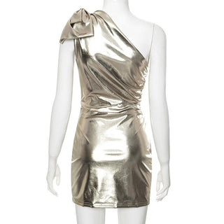 One shoulder bowknot metallic ruched mini dress