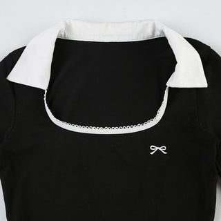 Long sleeve turnover collar bowknot embroidery top