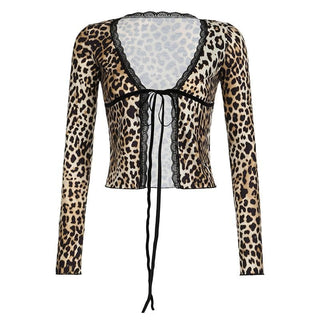 Long sleeve lace hem leopard print ruffle self tie top