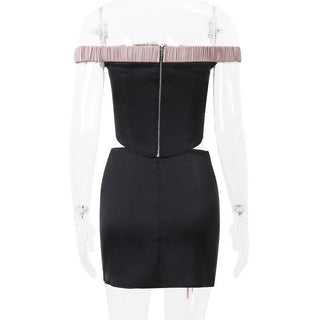 Off shoulder self tie flower applique zip-up button mini skirt set