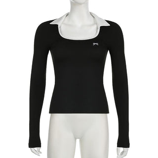 Long sleeve turnover collar bowknot embroidery top