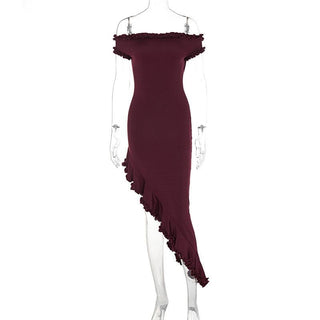 Short sleeve off shoulder ruffle irregular midi dress