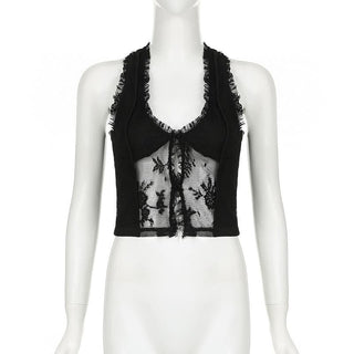 U neck lace ruffle hollow out tank cut out top