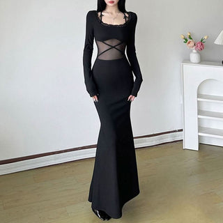 Long sleeve lace hem bowknot cross front mesh maxi dress