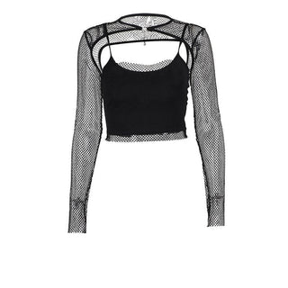 Long sleeve fishnet shrug cross applique 2 piece top