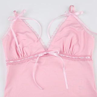 Ribbon bowknot lace hem v neck cami top