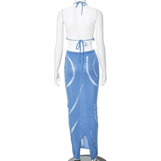 Halter knitted drawstring self tie slit maxi skirt set