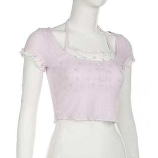 Halter textured print ruffle crop top