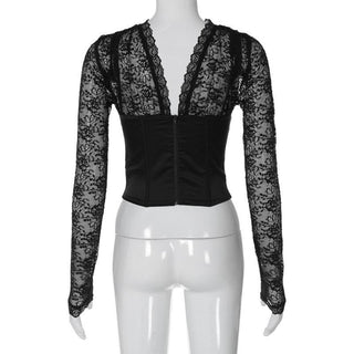Long sleeve lace zip-up solid backless bustier patchwork top