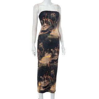 Print backless contrast tube midi dress