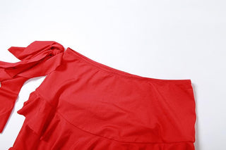 Crewneck ruffle solid self tie mini skirt set