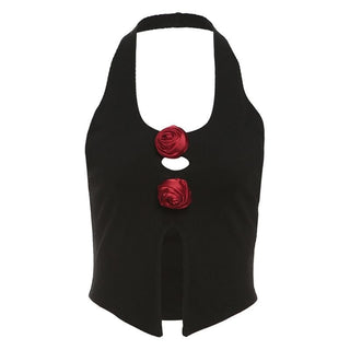 Halter u neck flower applique hollow out crop cut out top