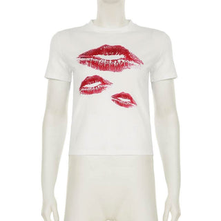 Short sleeve crewneck lips print top