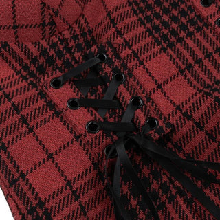 Plaid sweetheart neck lace up lace hem backless cami top