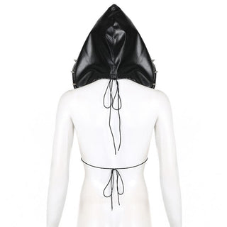 Rivet PU leather hoodie self tie backless crop top