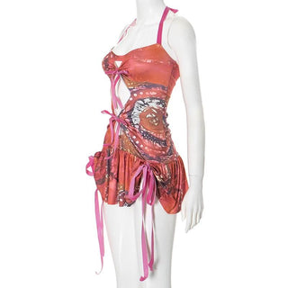 Halter self tie ruched hollow out print cut out mini dress