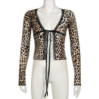Long sleeve lace hem leopard print ruffle self tie top