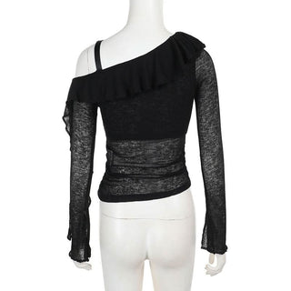 Off shoulder long sleeve ruffle cross pattern buckle top