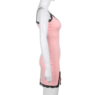 V neck slit lace hem bowknot cami mini dress