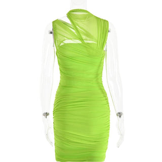 Sleeveless irregular hollow out mesh knotted ruched cut out mini dress