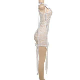 Sleeveless u neck lace bowknot knotted ribbon see through mini dress