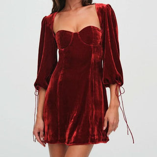 Long sleeve sweetheart neck velvet hollow out cut out mini dress