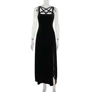 Velvet high slit pentacle pattern buckle cami maxi dress