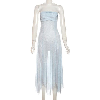 Sheer mesh ruffle flower print tube midi dress