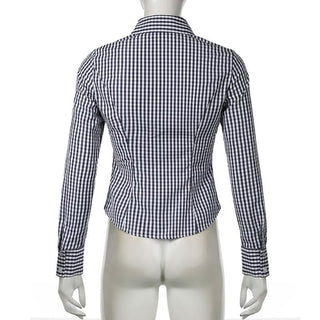 Turnover collar long sleeve button plaid top