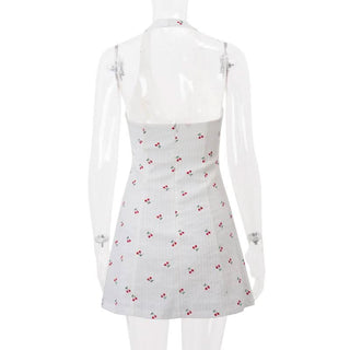 Halter v neck cherry print bowknot mini dress