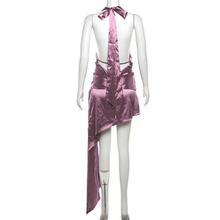 Cowl neck halter flower applique knotted mini dress