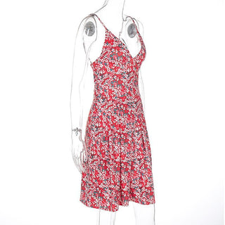 V neck flower print pleated cami mini dress