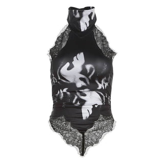 Halter button lace hem print backless top