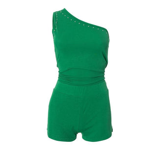 One shoulder irregular beaded ruched pant set