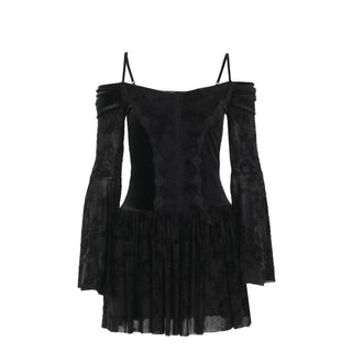 Off shoulder long flared sleeve velvet mini dress