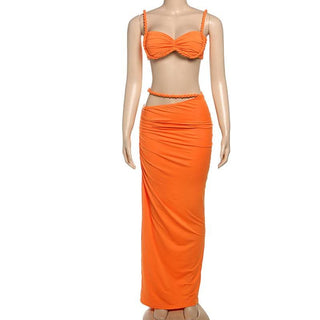 Irregular hollow out ruched v neck cami maxi skirt set