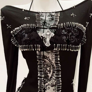 Long sleeve beaded pin applique print top