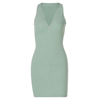 Sleeveless zip-up ribbed v neck solid mini dress