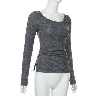 Long sleeve u neck self tie solid top