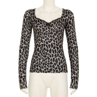 Leopard print long sleeve v neck lace hem bowknot top