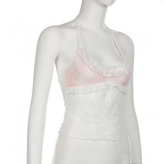 Halter u neck lace hem ruffle top