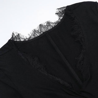 Long sleeve v neck lace hem ruched maxi dress